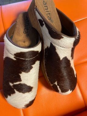 Sanita Brown and White Cowhide Clogs
